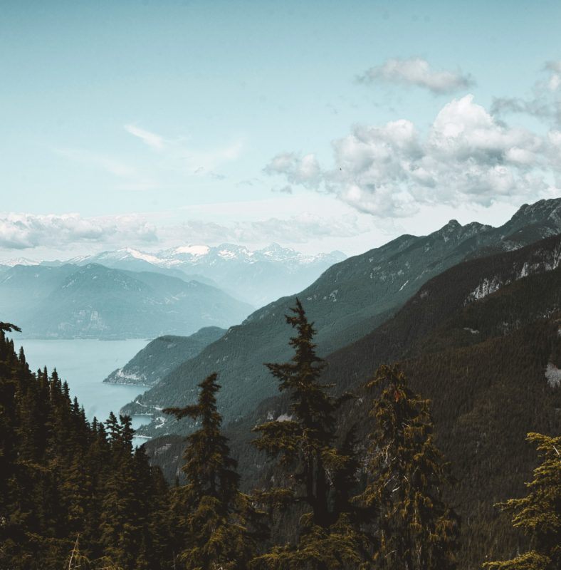 a view of a mountain range with a body of water in the distanc